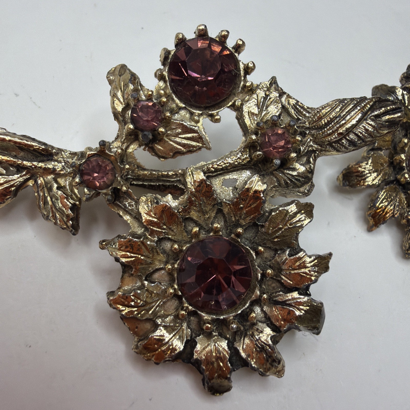 Vintage Floral Purple Rhinestone Brooch Pin And Clip On Earrings Set