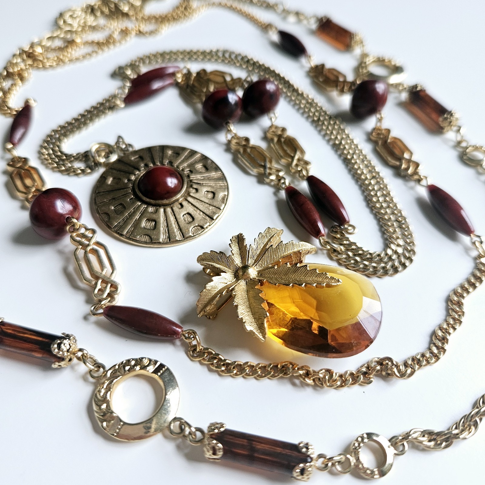 Vntg Coventry 3 Necklaces Safari Faceted Glass Brooch Pendant Brown Gold Chain