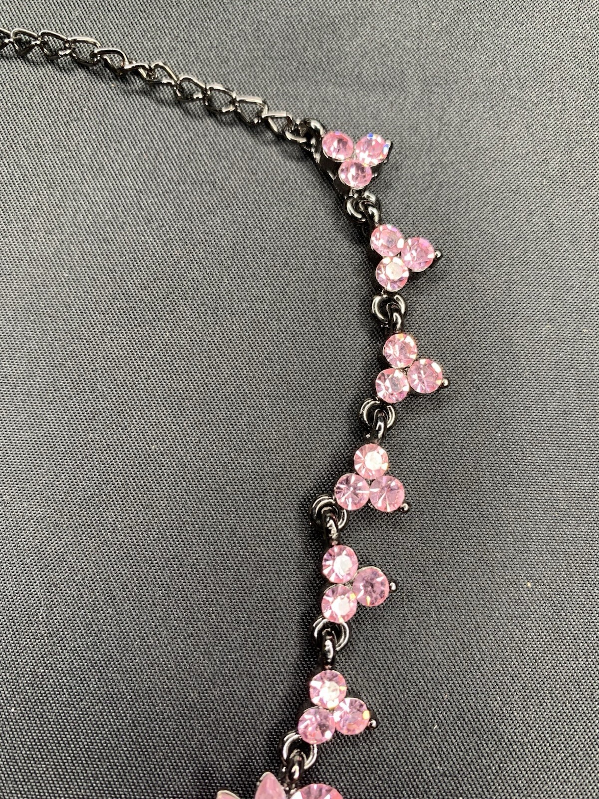 Pink Flower Shape Rhinestone Black Gun Metal Necklace 14” Choker