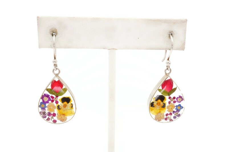 Vintage Mexico Sterling Silver 925 Flower In Lucite Earrings ATI