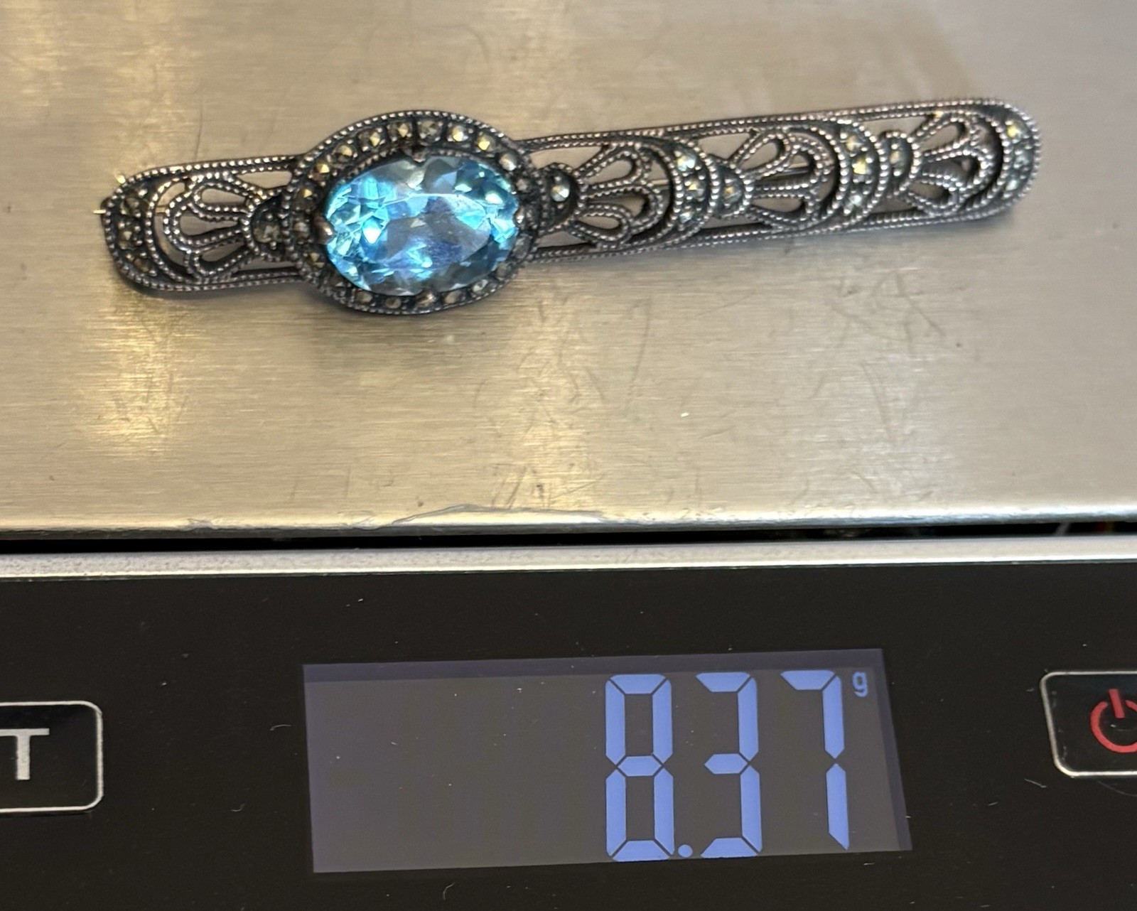 Judith Jack Sterling Silver Blue Topaz Marcasite Brooch Art Deco Revival Bar Pin