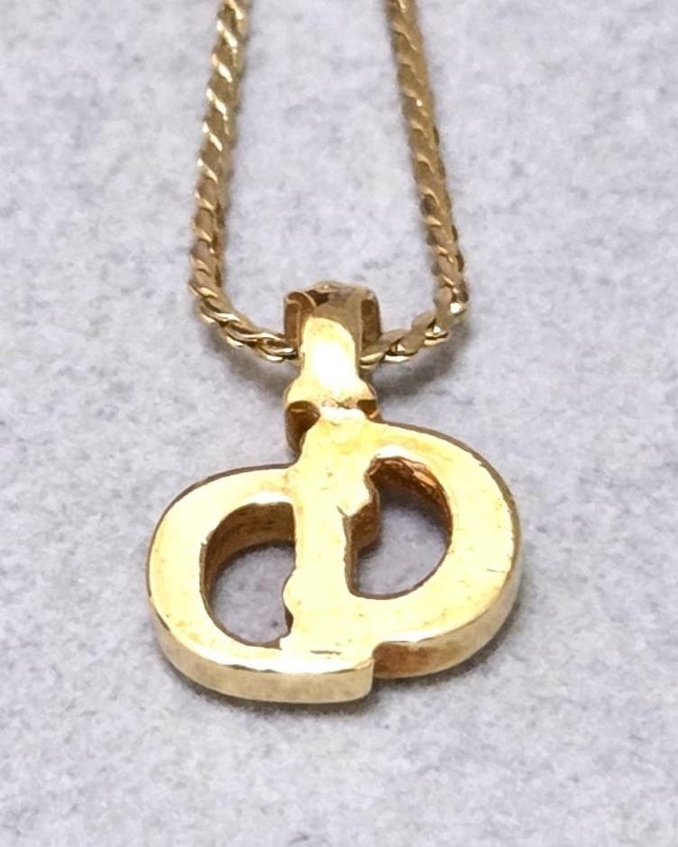 Christian Dior CD Logo Rhinestone Gold Necklace 45cm Vintage