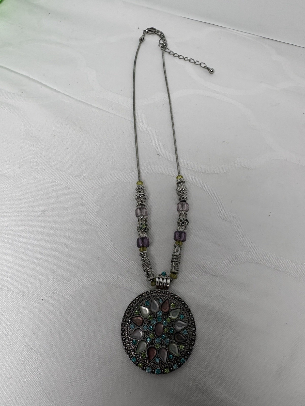 Vintage Flower Rhinestone Pendant Necklace Adjustable Silver Purple Blue