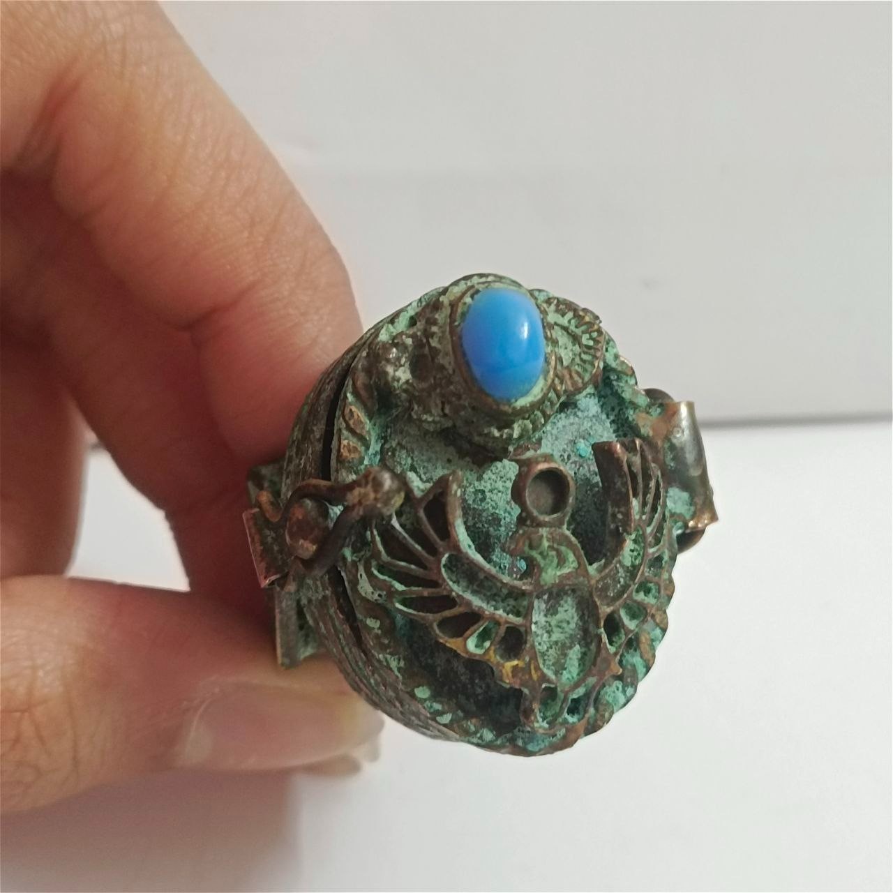 Rare Handmade Egyptian Falcon Copper Ring Turquoise Stone Antique Style Jewelry