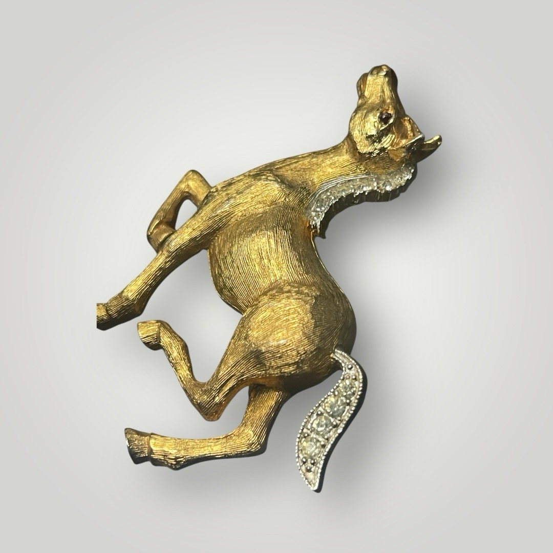 Vintage JJ Jonette Running Horse Brooch Gold Tone Rhinestone Mane Tail Pin