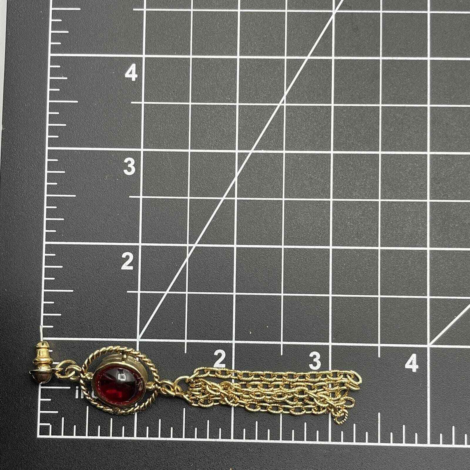 Red Gripoix Style Poured Glass Cabochon Gold Tone Fringe Tassel Earrings 3.25”