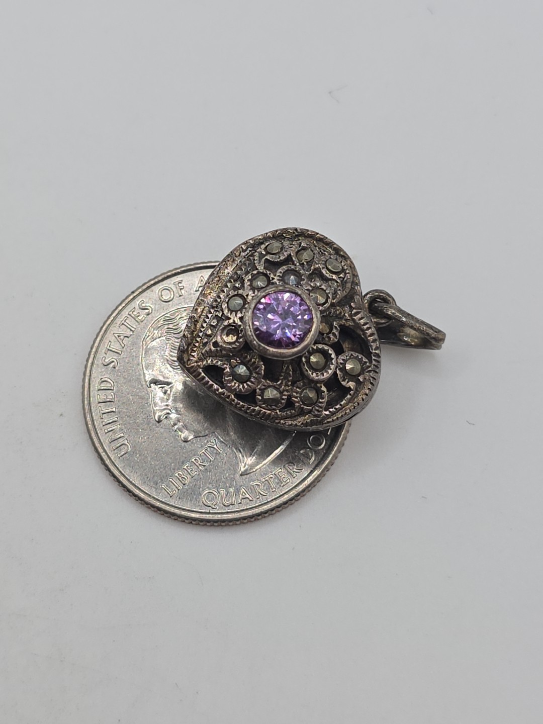 Vintage Sterling Silver 925 CW Amethyst Marcasite Heart Locket Pendant 6g