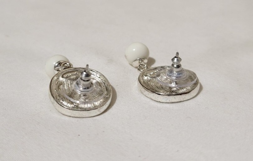 Vintage Givenchy Signed Logo Silver Tone with White Ball Pierced Dangle Earrings