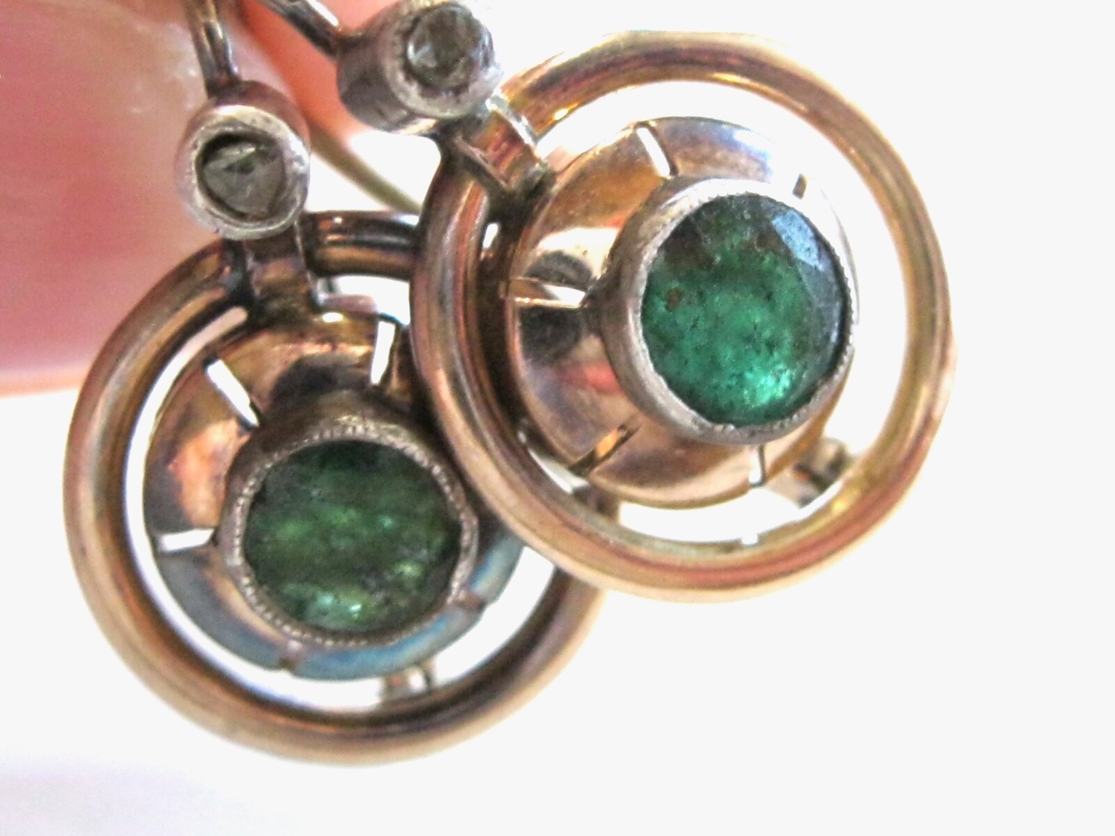 ANTIQUE CIRCULAR EMERALD AND ROSE CUT DIAMOND LEVER BACK GOLD EARRINGS 14K GOLD