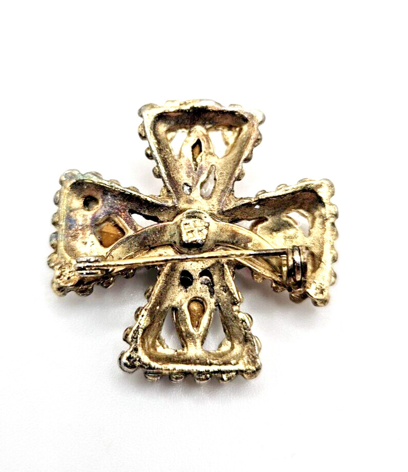 SMALL MALTESE CROSS VINTAGE GLASS STONES JEWEL TONES DIFFERENT SHAPES PIN Brooch