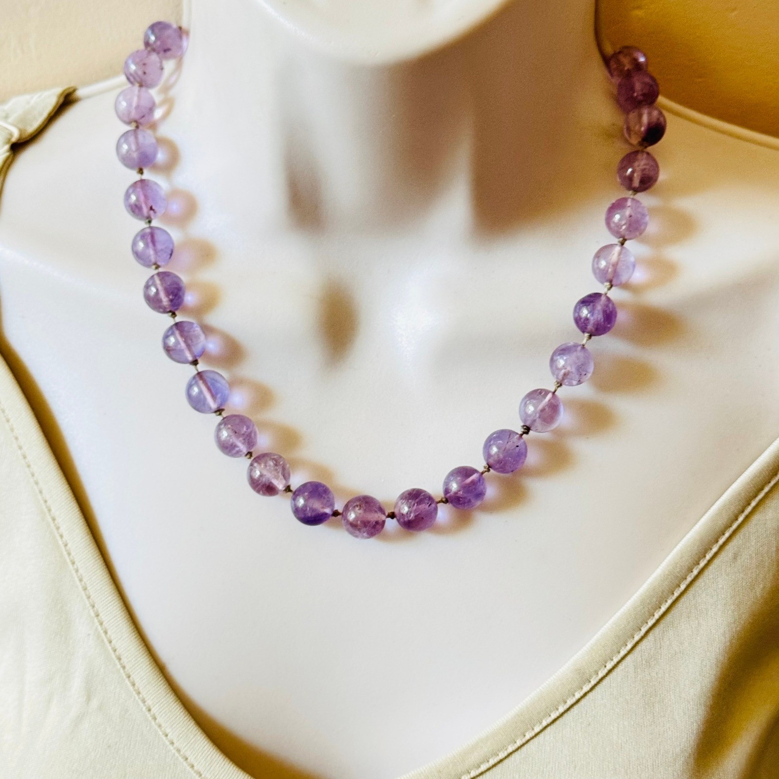VTG Amethyst Necklace Knotted Genuine Natural Stone Round beads 19″ 10MM
