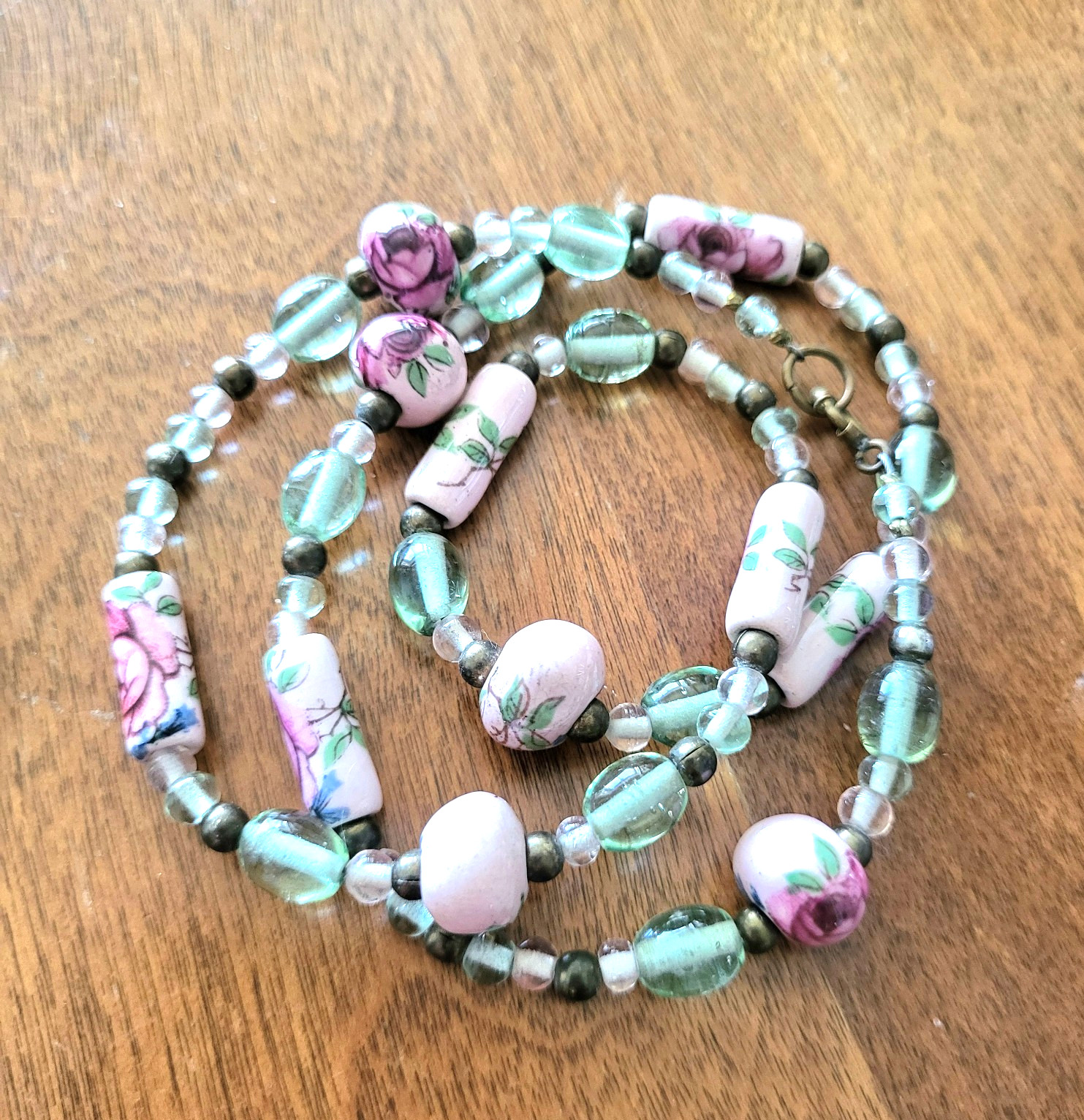 Vintage Cottagecore Sea Green Glass, Brass and Pink Porcelain Rose Bead Necklace