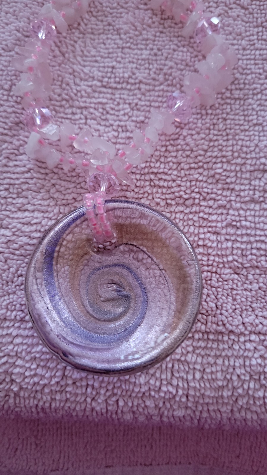 Quartz Chip Necklace w Large Swirl Glass Focal & Sead Beads