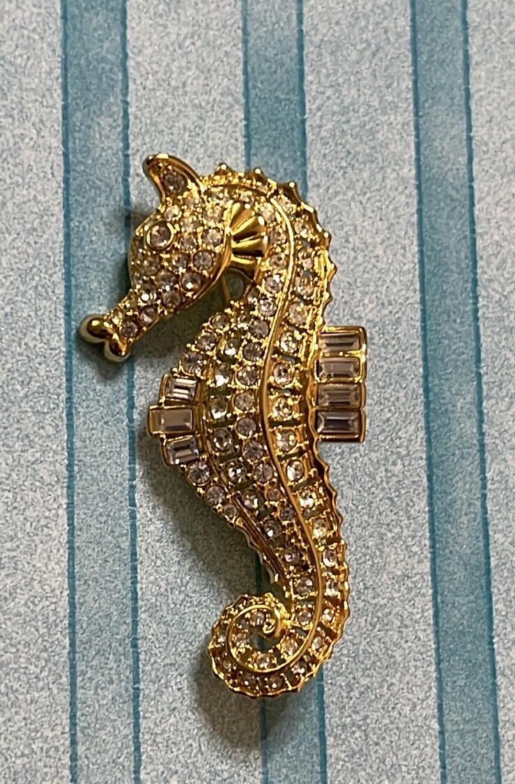 Nolan Miller Goldtone Seahorse Brooch Clear Round And Emerald Cut Rhinestones