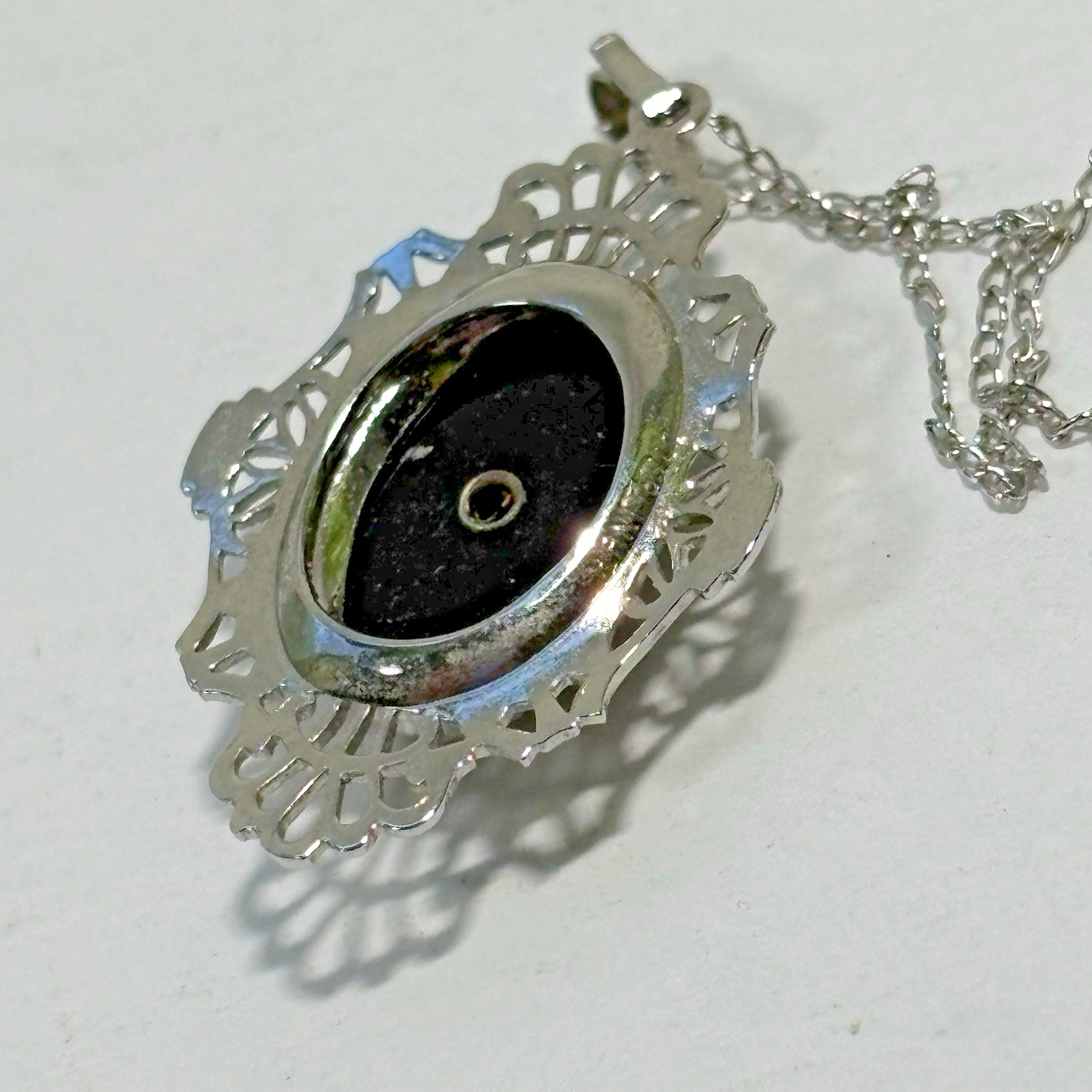 VTG Art Deco Black Onyx Diamond Filigree Pendant Necklace Sterling Silver 18″