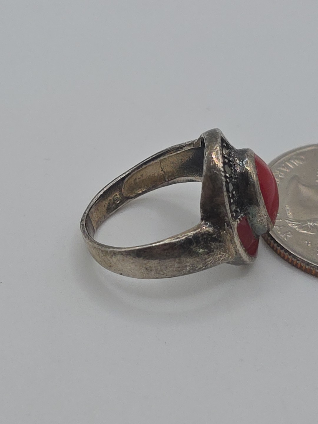 Vintage Sterling Silver 925 Oval Marcasite Red Coral Ring Size 6