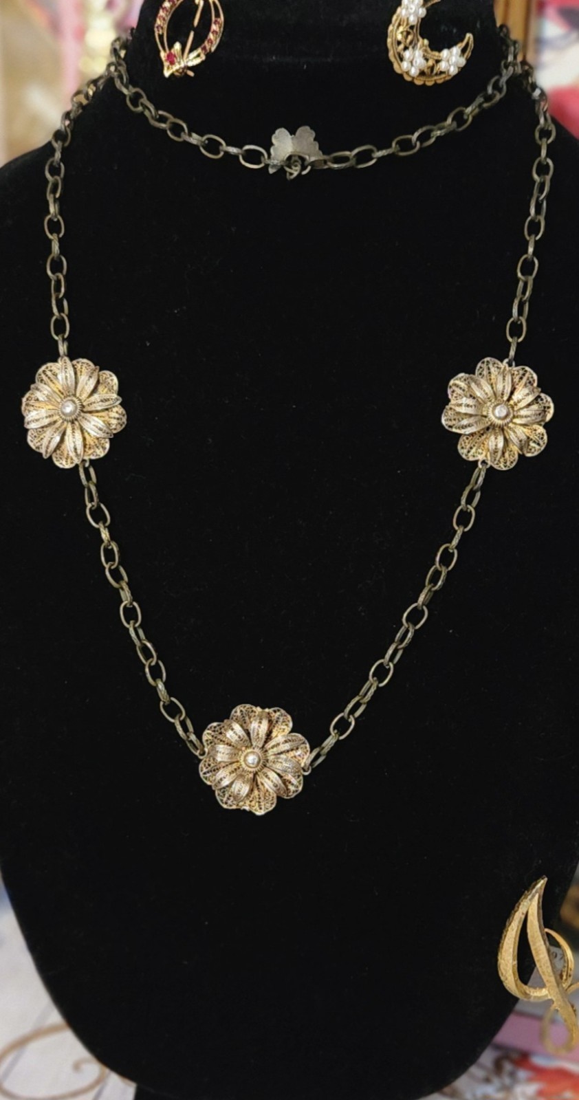 VTG Silver (tested) Filigree Flower Station Charms On Bronze-tone Chain