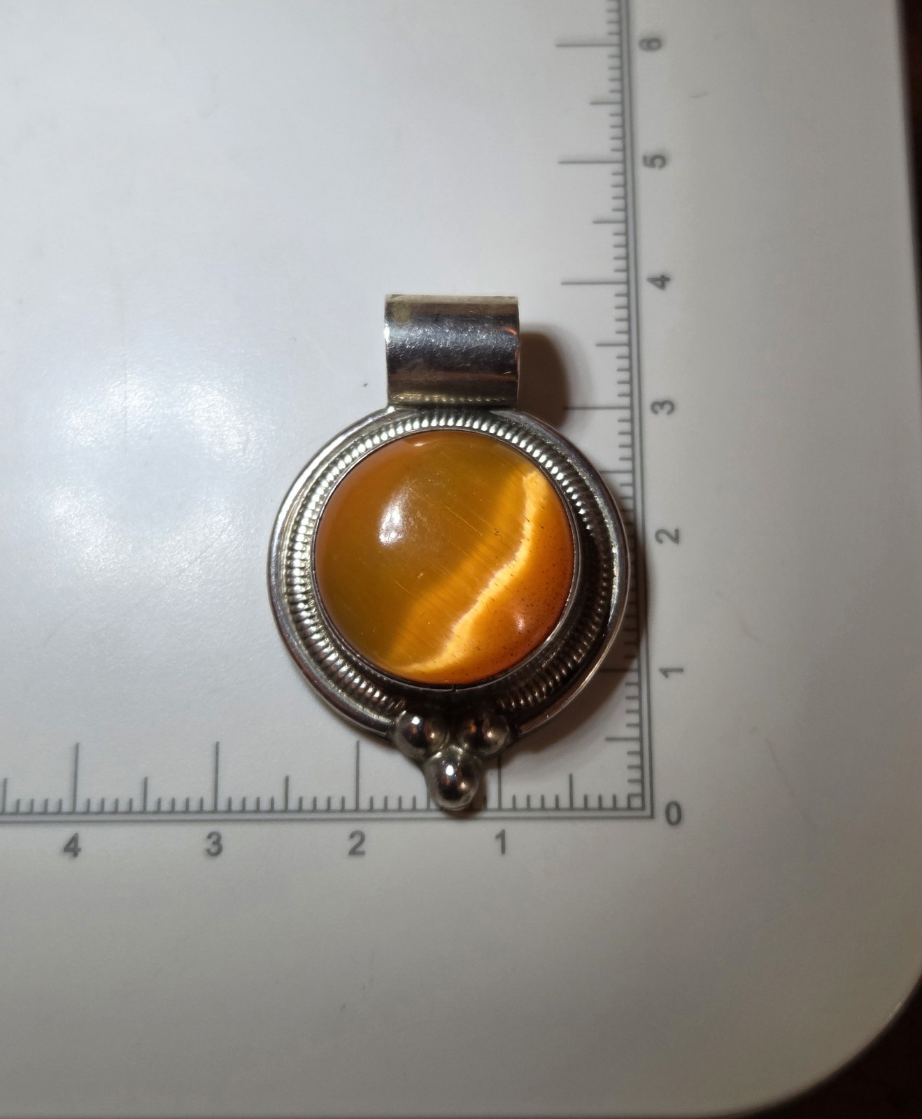 Vintage Domed Sterling Silver & Orange Cat’s Eye Pendant Mexico 925
