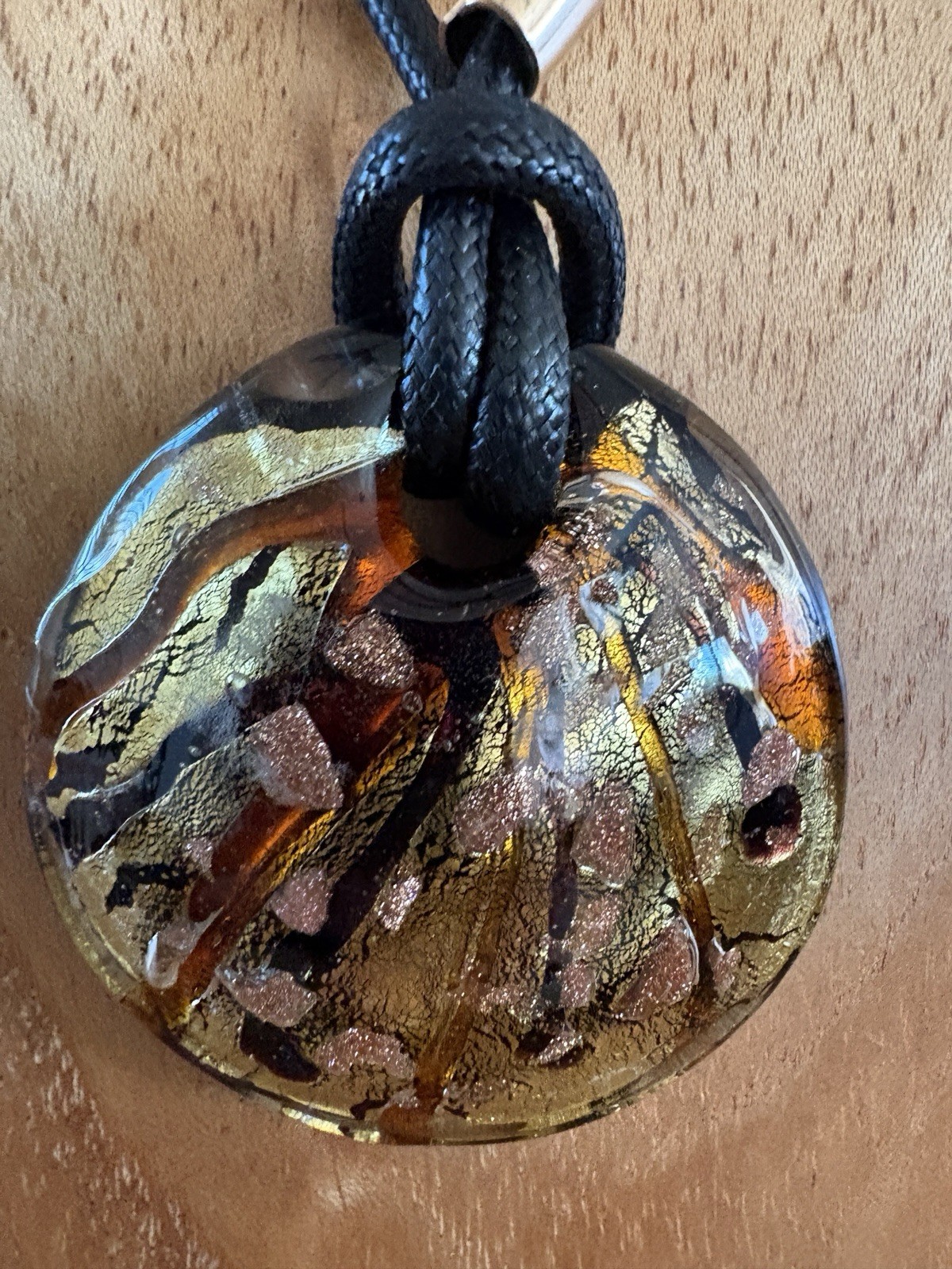 MURANO ITALY Signed Art Glass Pendant Gold Silver Foil With Orange Swirls