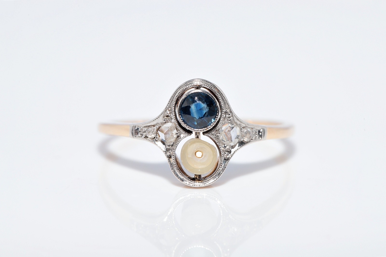 Antique Circa 1920s 14k Gold Natural Rose Cut Diamond And Sapphire Pearl Ring