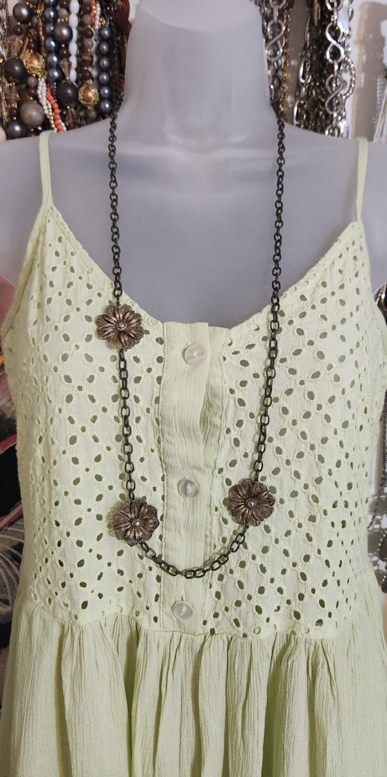 VTG Silver (tested) Filigree Flower Station Charms On Bronze-tone Chain