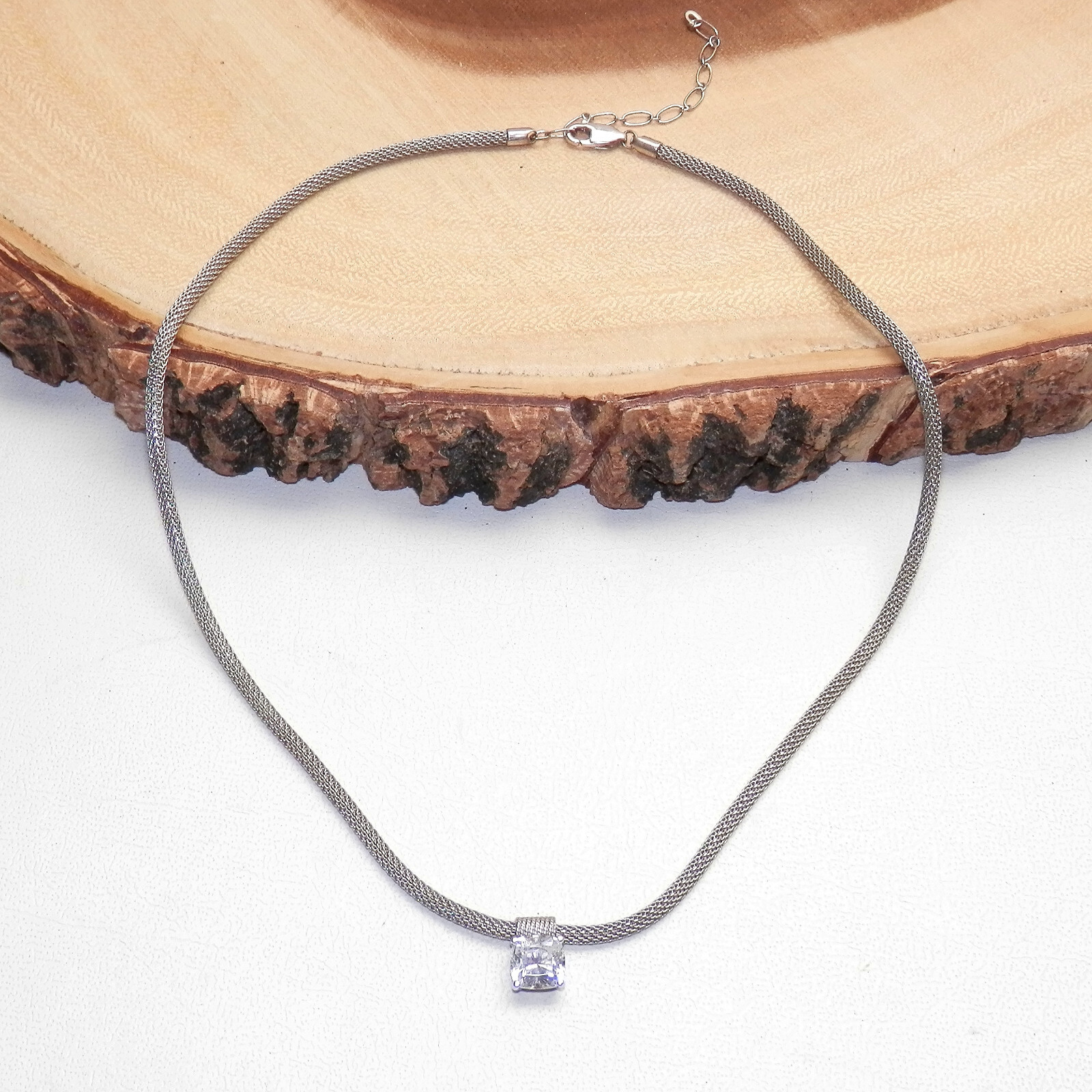 Sterling Silver 925 Mesh Chain White CZ Gem Pendant Necklace 15.5 – 17.5 In Long