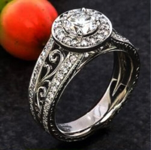 Art Deco Style 1 Ct White Round Cut Simulated Diamond Wedding Ring In 925 Silver