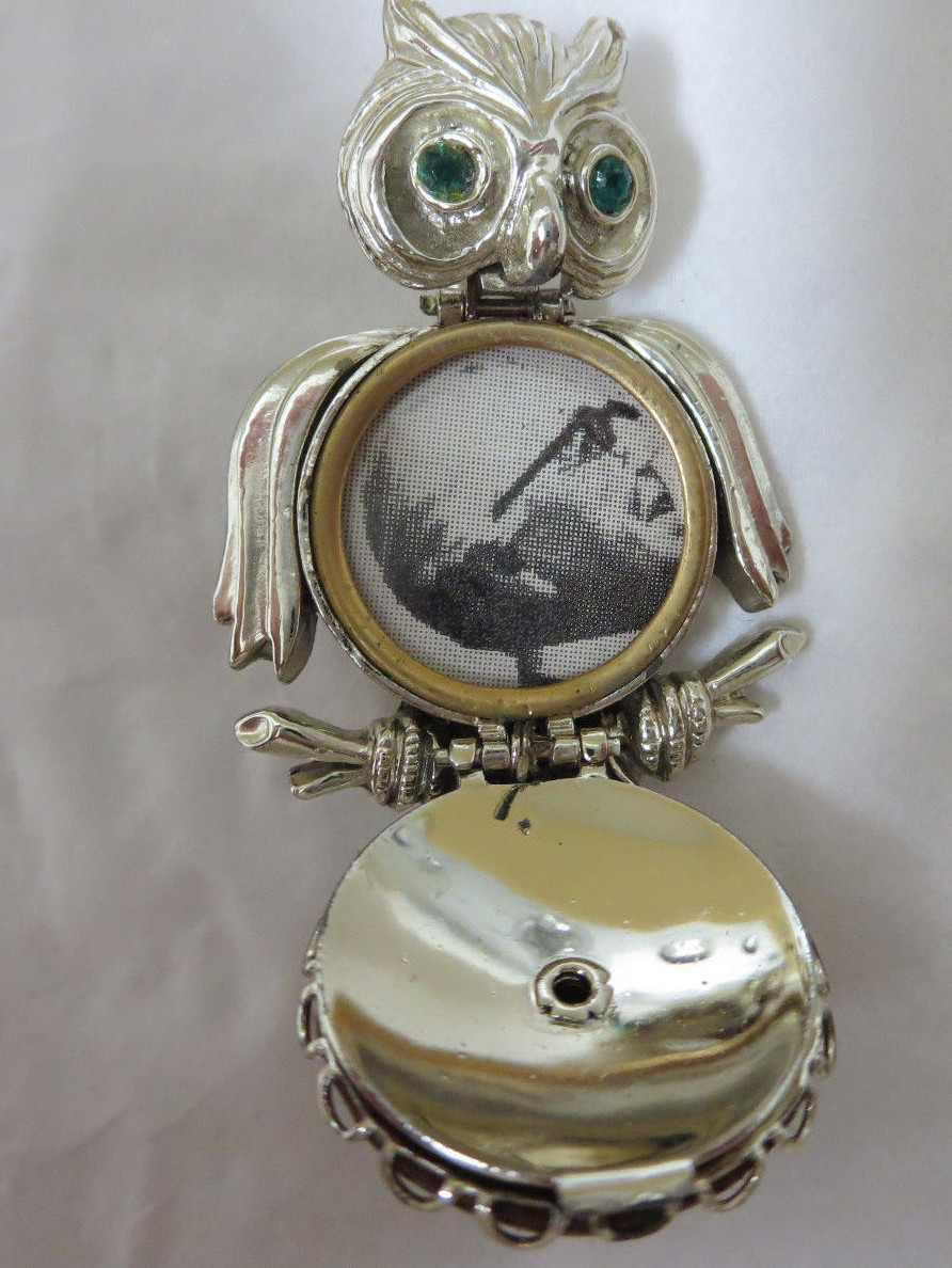Vintage Gold Tone Locket Tan and Brown Faux Fur/Material Owl Brooch