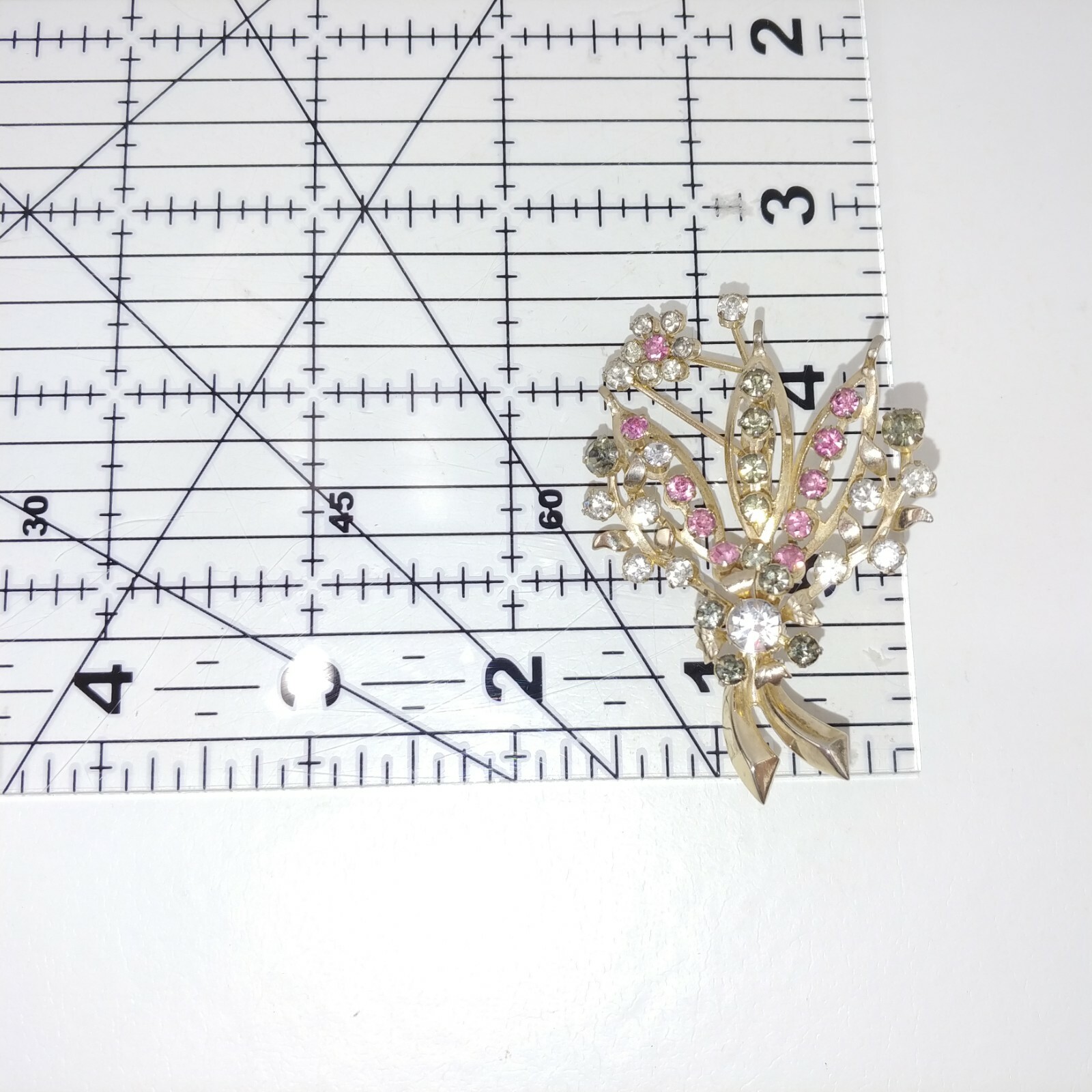 Gold Tone Pink and Clear Rhinestone Floral Pins Brooch Plants