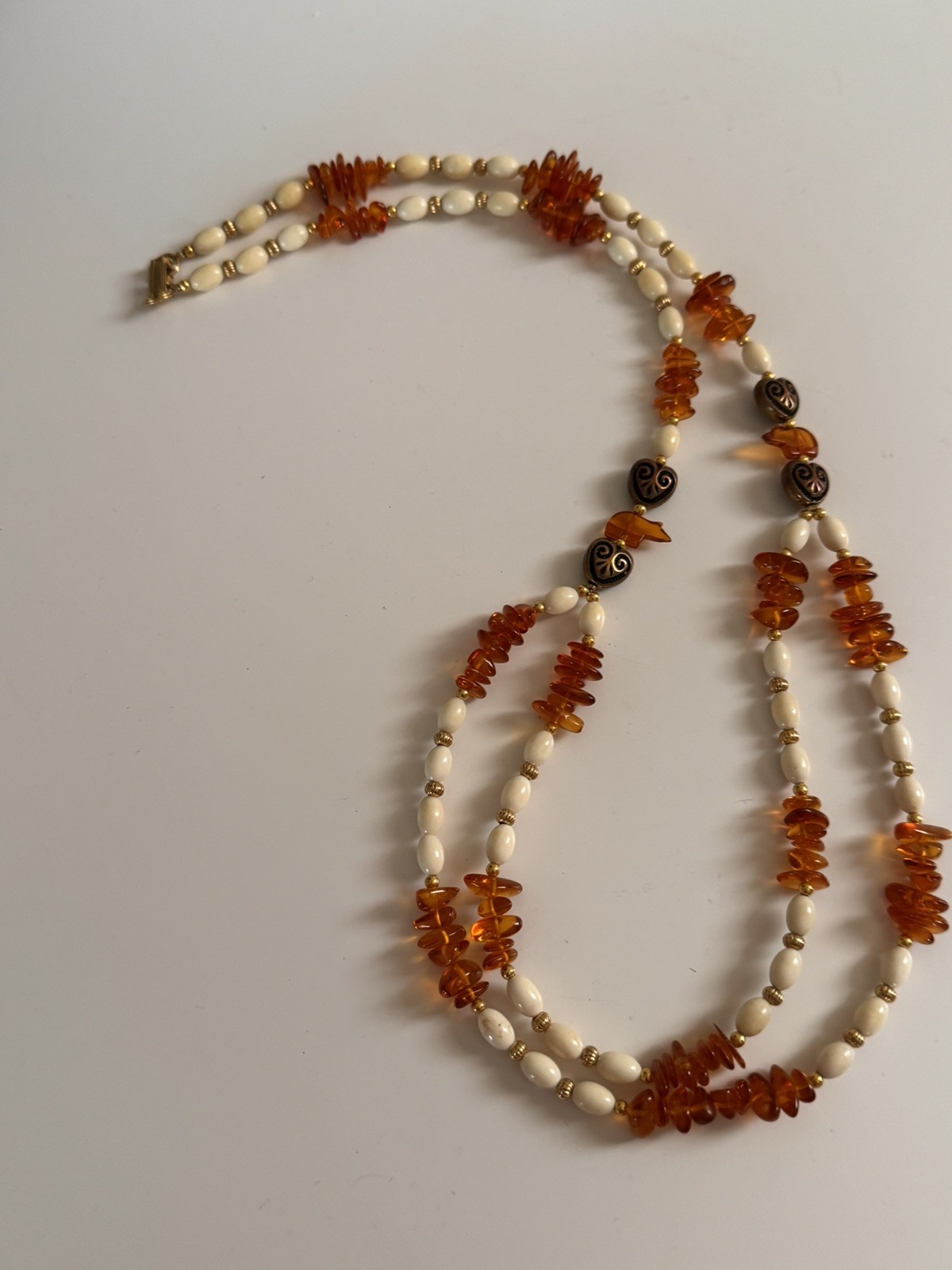 Vintage Lee Sands Double Strand Amber Bead Necklace Heart Spacer Boho Coastal