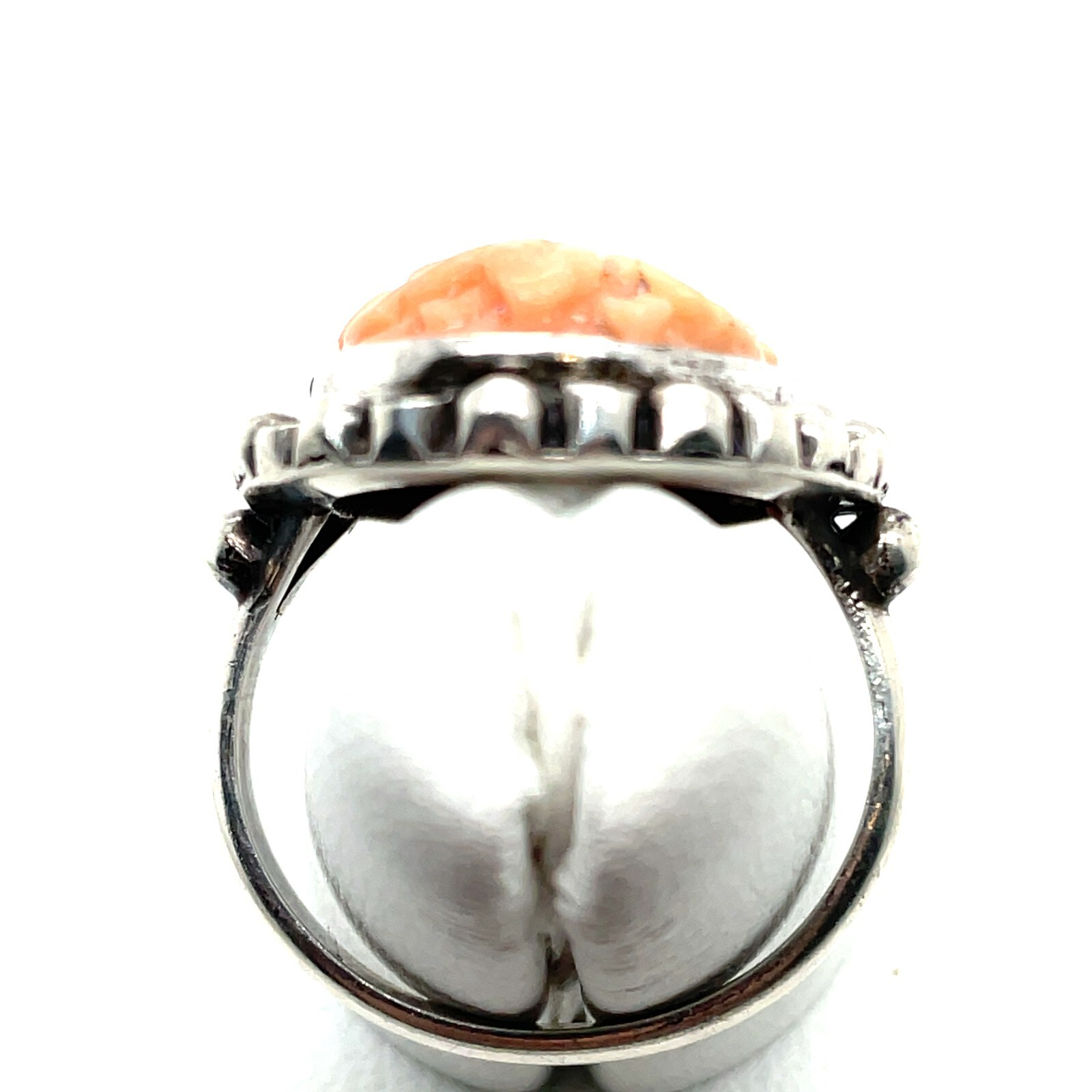 800 Silver Carved Coral and Marcasite Ring – Size 6