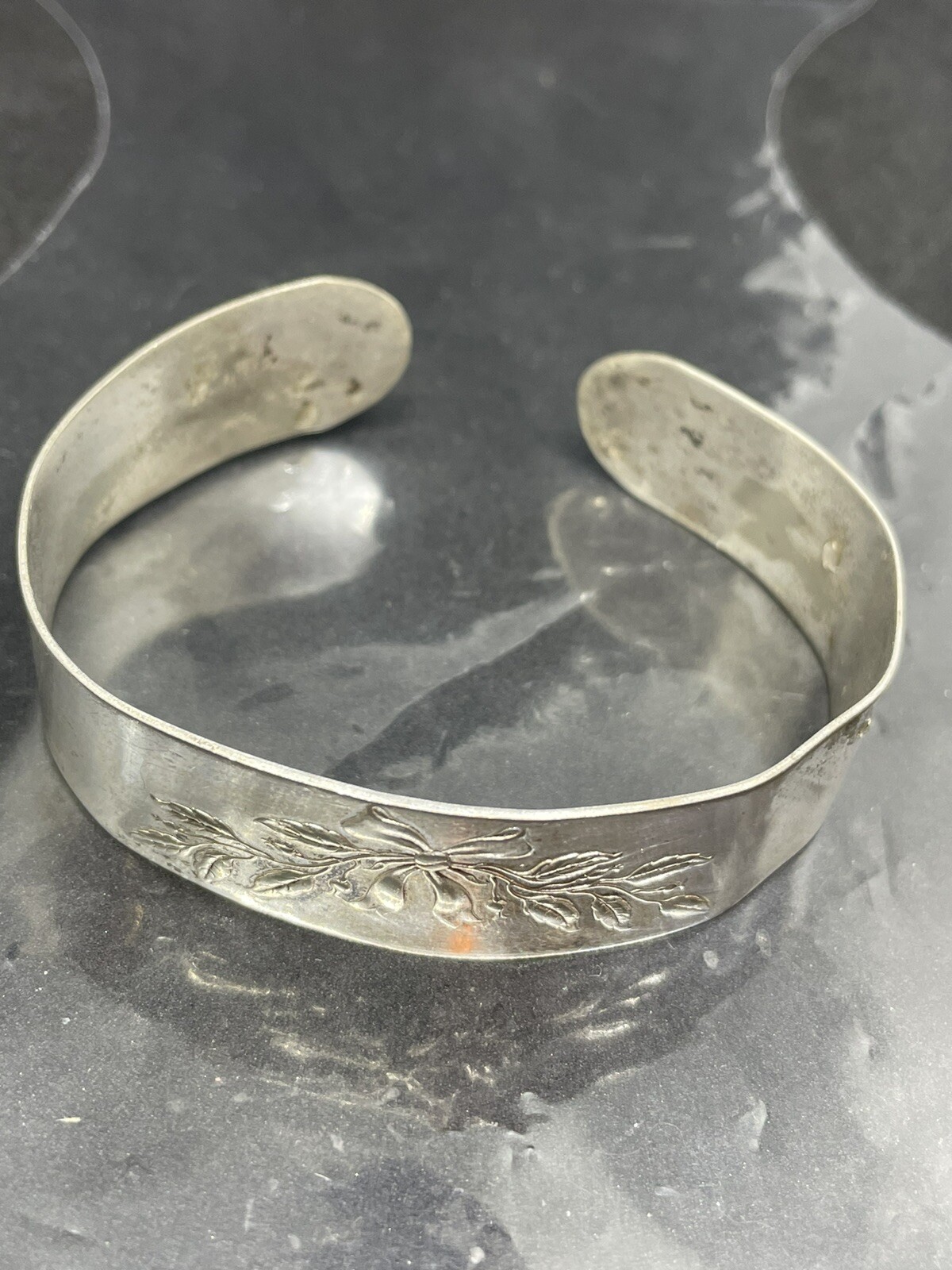 Vintage Bracelet Silver Tone Metal Cuff Plant Bow 6.75” Inside 1” Wide
