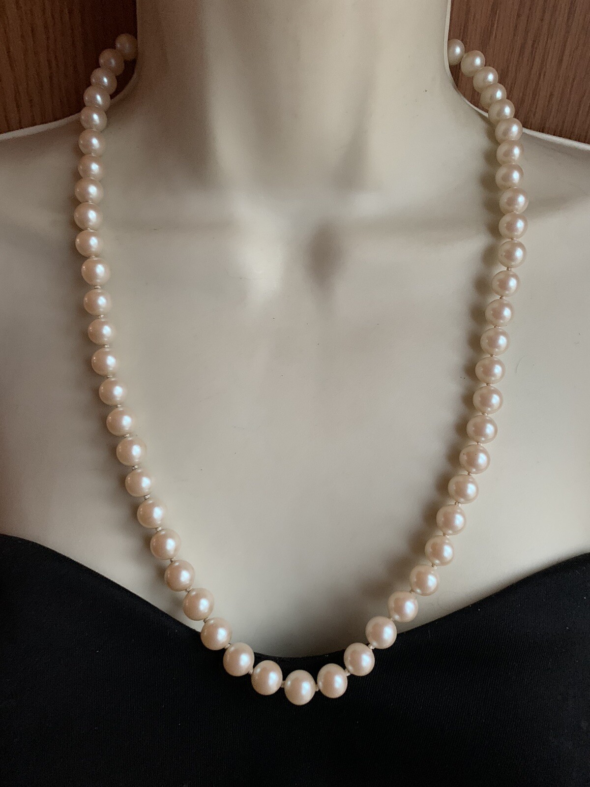Vintage Glass Pearl Sterling Silver Fish Hook Clasp Knotted 24″ Long Necklace
