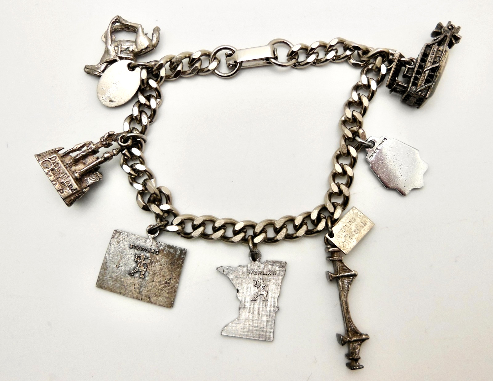 Vintage Sterling Silver State Travel Souvenir Charms 6.5″ Bracelet 28g
