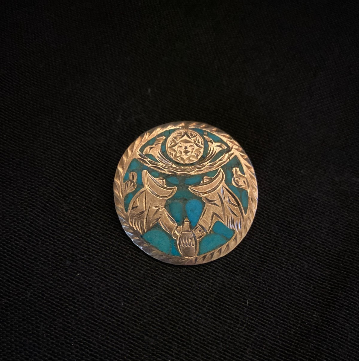 Vintage Mexico Sterling Silver & Inlaid Turquoise Pendant / Brooch Hand Made