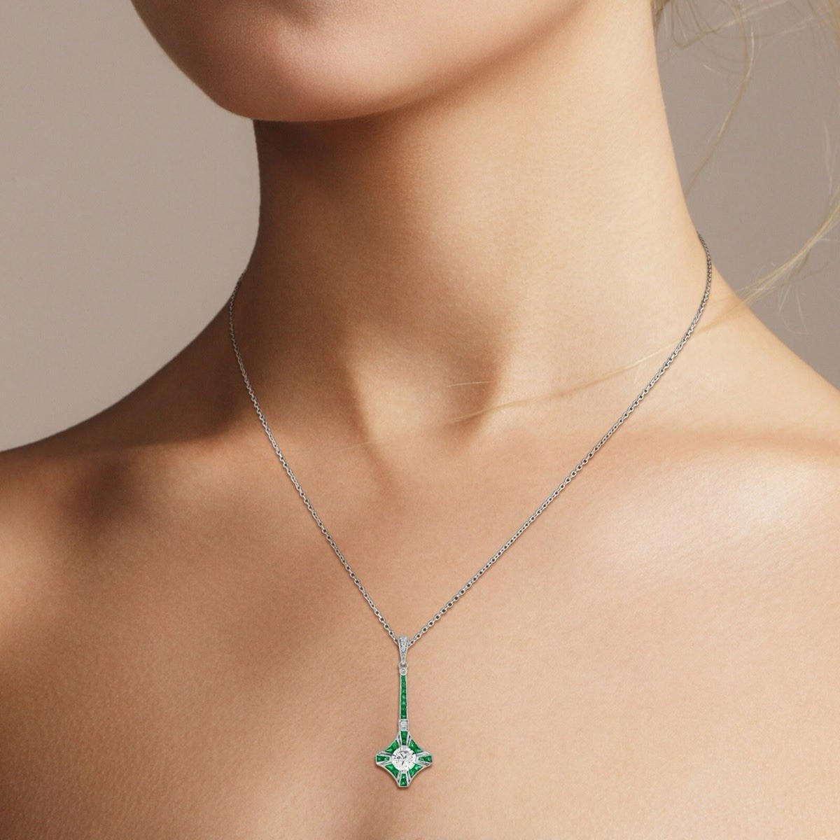 Art Deco Emerald & Moissanite Pendant Necklace Vintage Geometric Fine Jewelry