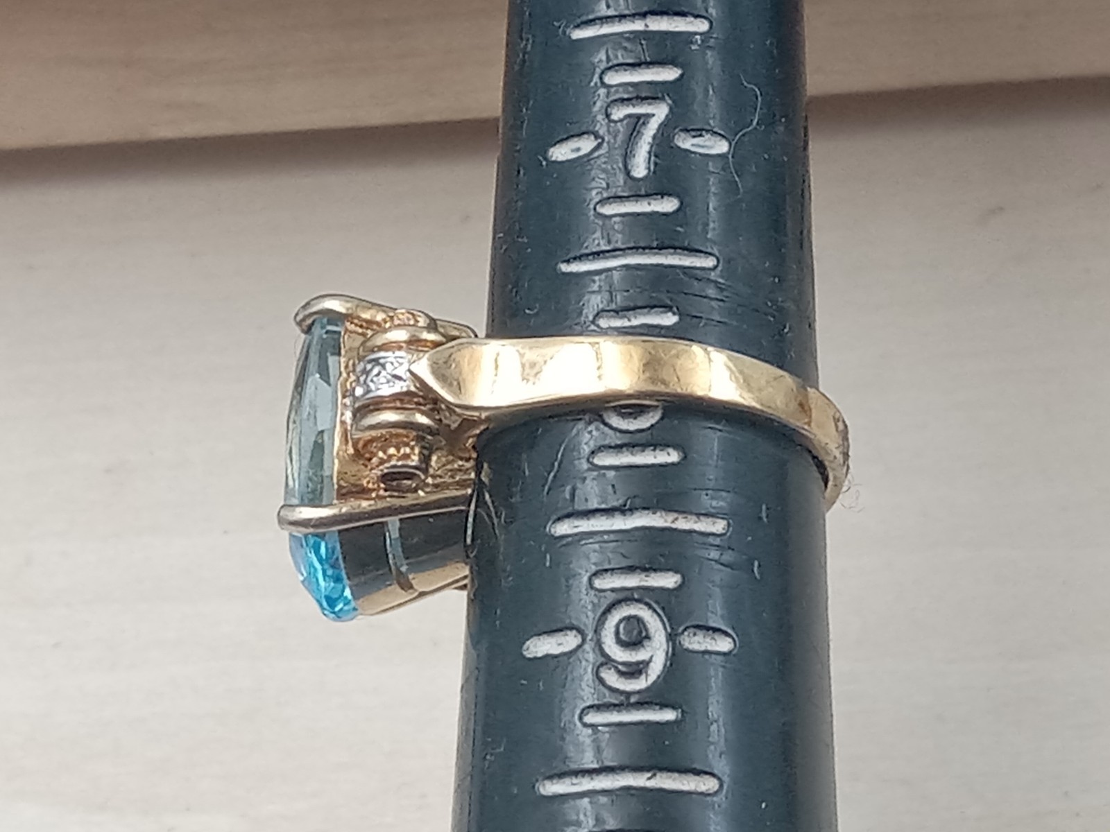 Deco style Sterling Ring Gold Wash – Faceted Blue Topaz Oval & Clear Accents: S8