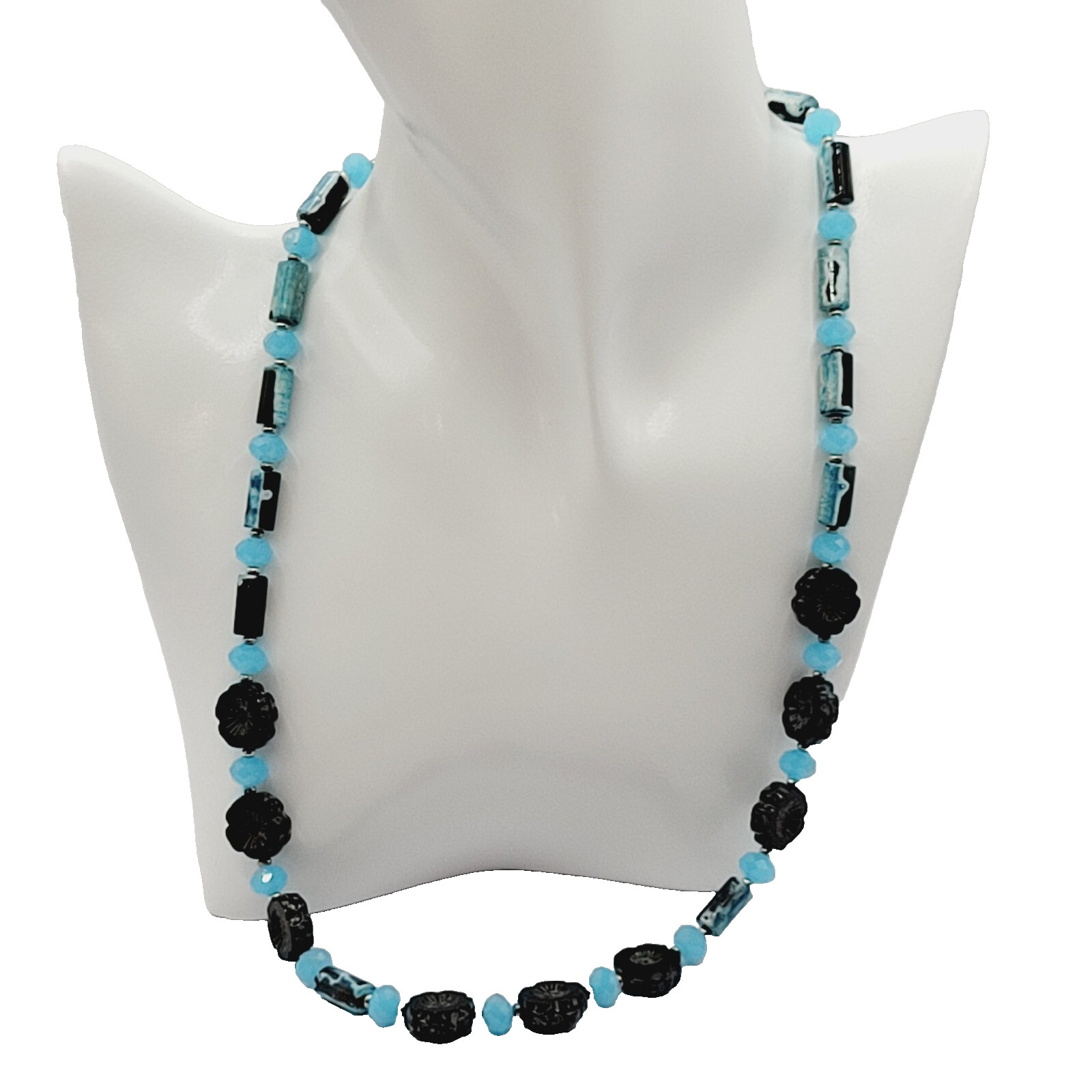 Black Glass Rosette with Chalcedony and Colorful Agate Silver Tone Vtg Necklace