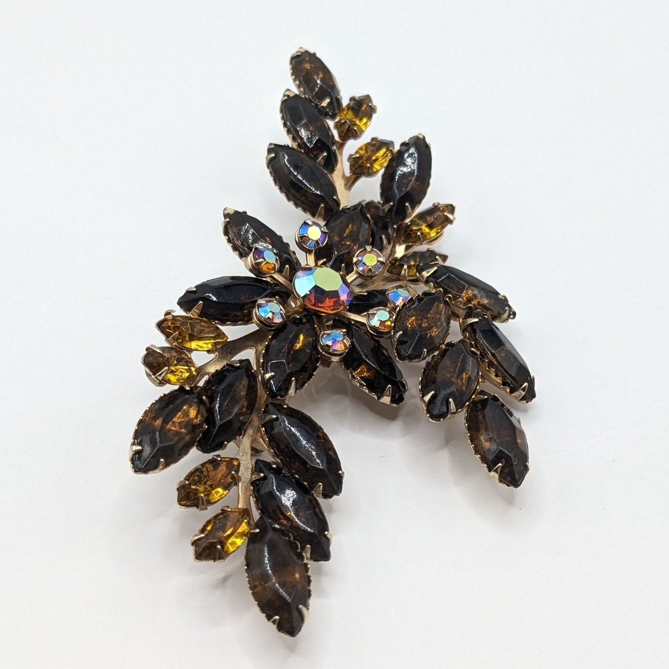 Vintage Large Amber and Yellow AB Glass Rhinestone Gold Tone Flower Brooch 4in
