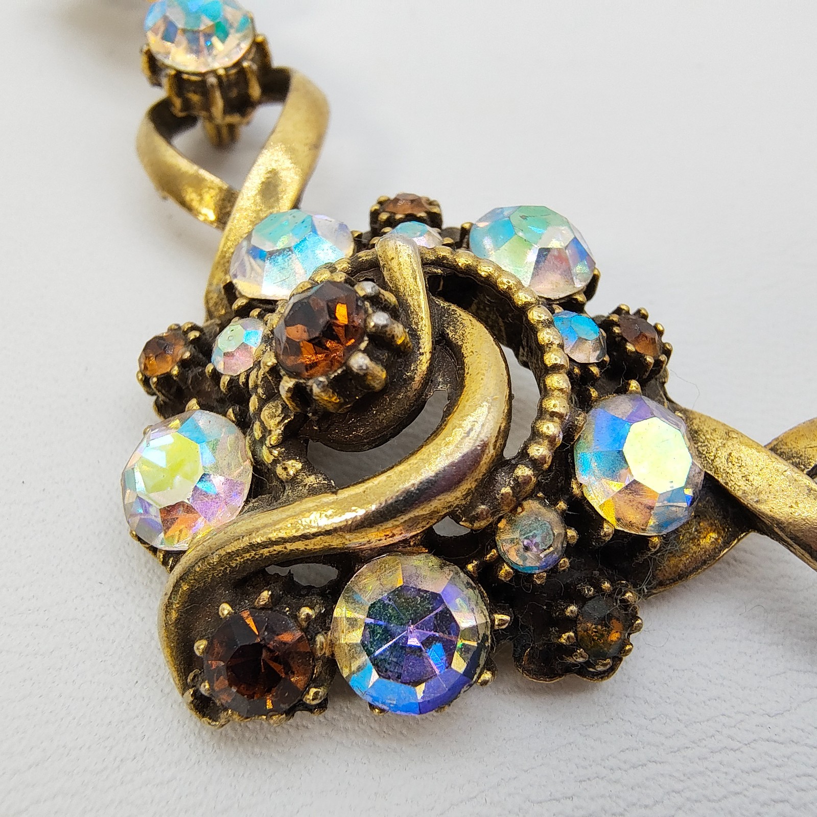 Vintage Florenza Victorian Style Choker Necklace Gold Tone AB Rhinestone Signed