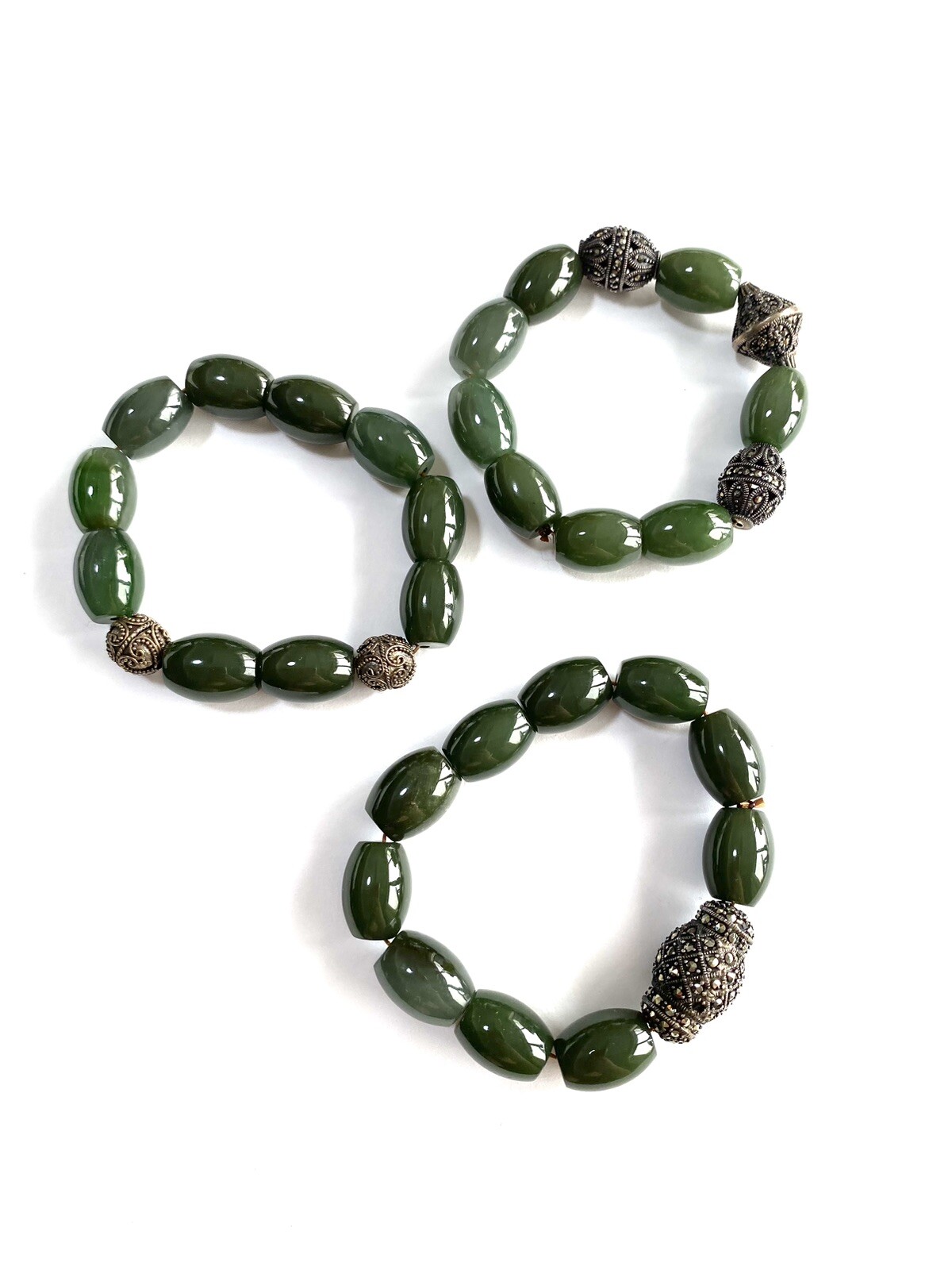 VTG Artisan Handmade Stretch Set Of 3 Natural Green Stone Silver Bracelet Sz S