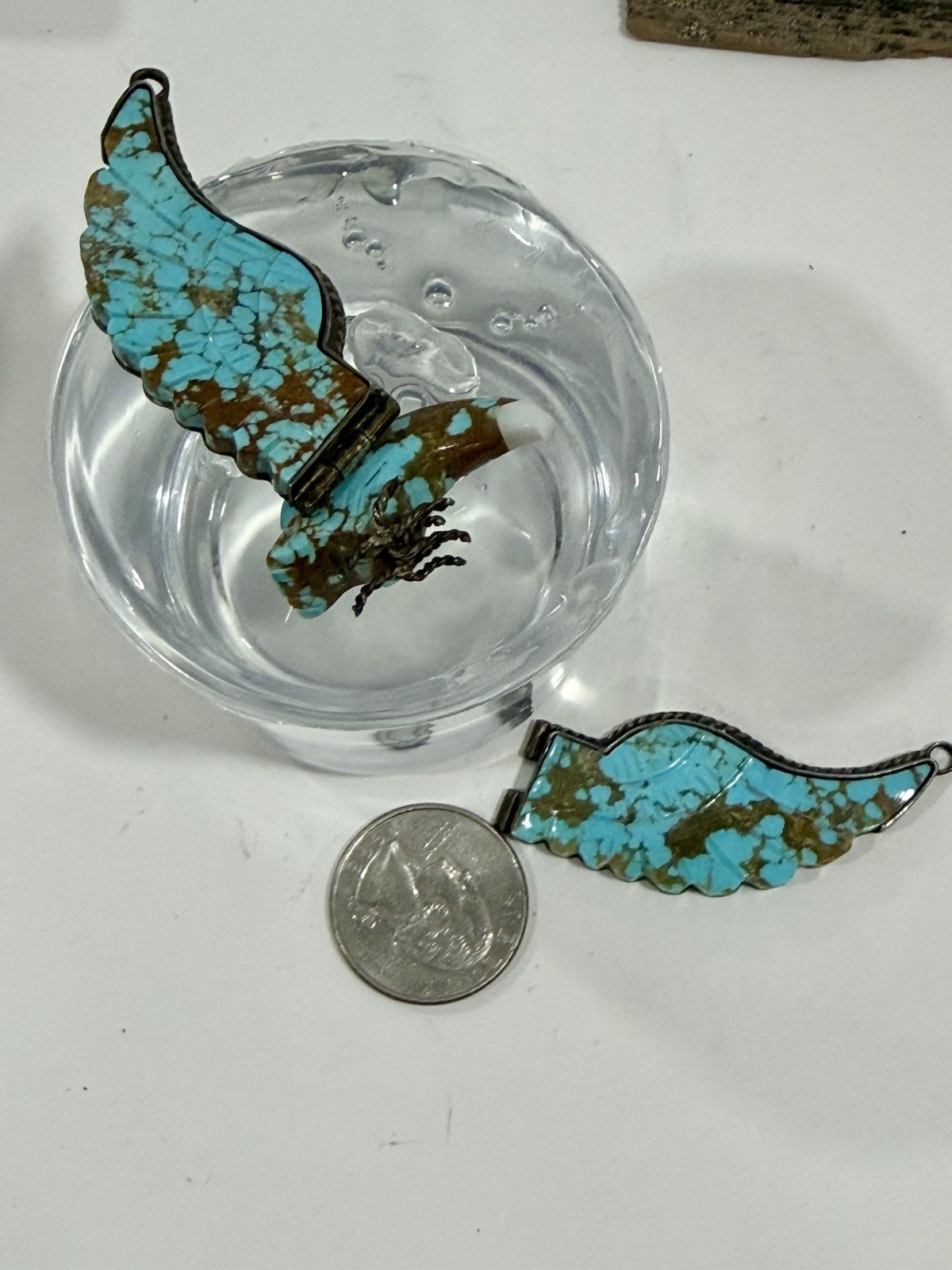 Vintage Native Navajo Carved Turquoise & Silver Large Wing Spread Eagle Pendant