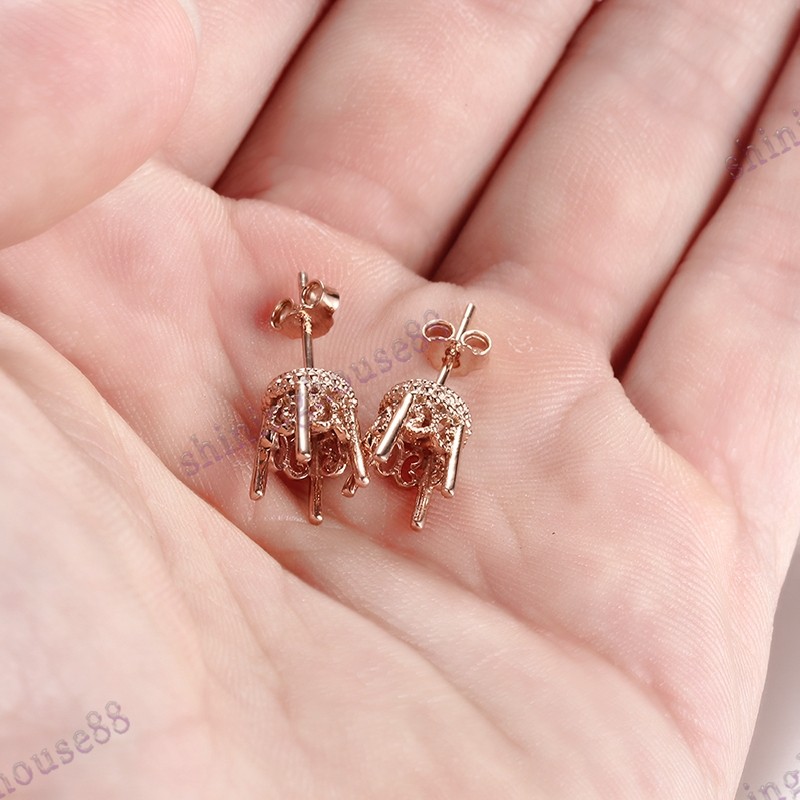 Solid 10k Rose Gold Earrings 7mm Round Cut Mount Vintage Engrave Prong Setting