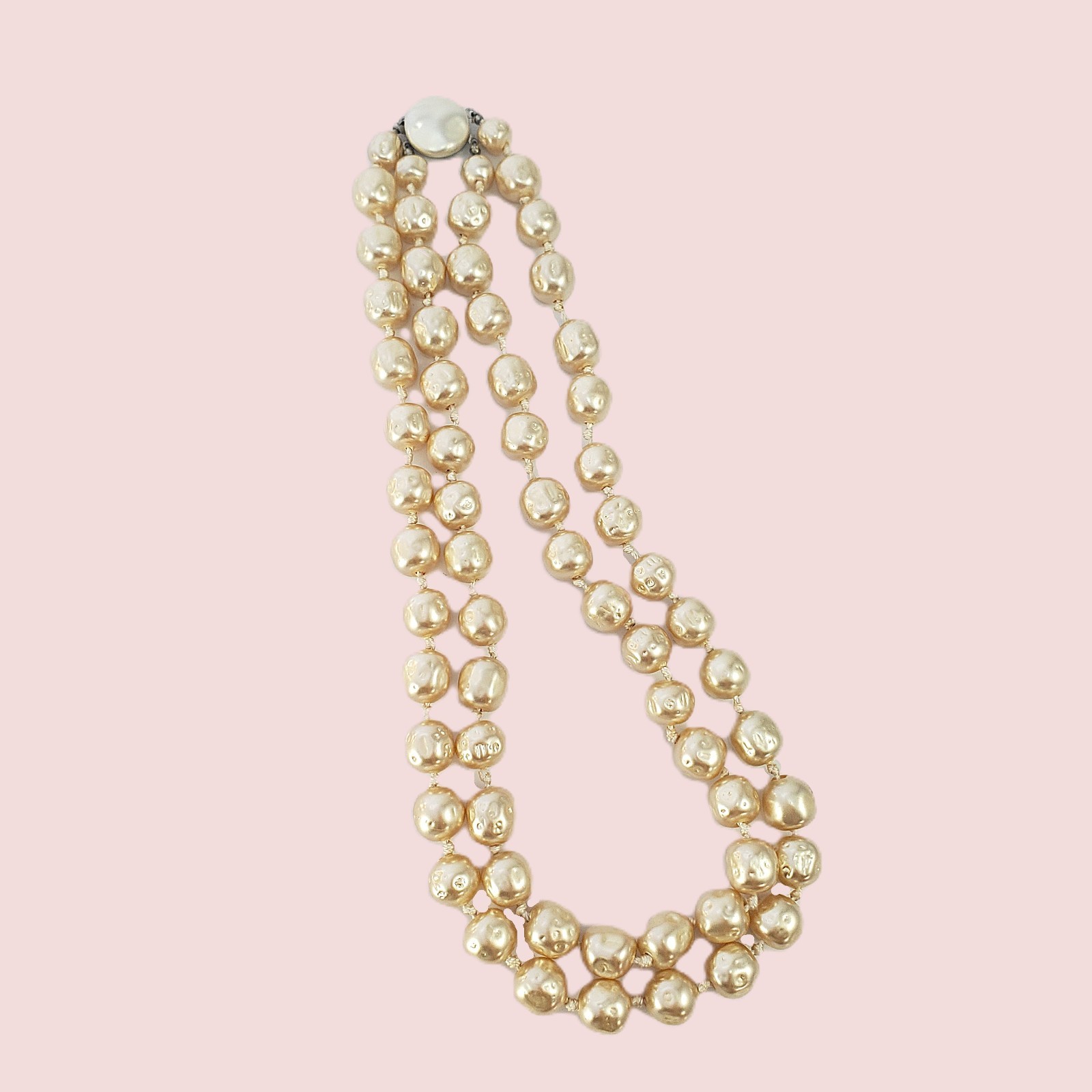RICHELIEU Double Strand Necklace Faux BAROQUE PEARL Vintage Hand Knotted 16″