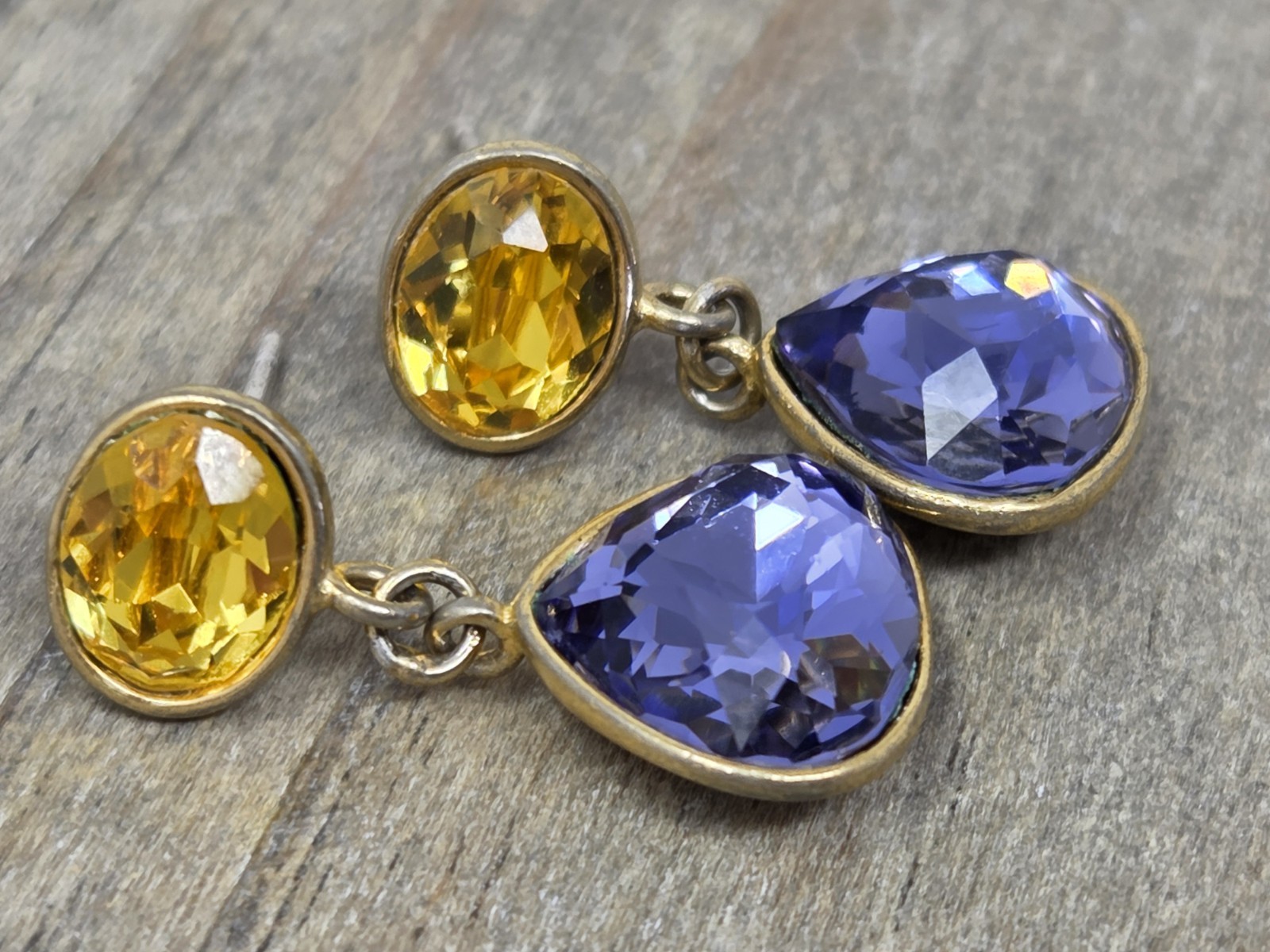 Purple & Yellow Crystal Dangle Drop Earrings Vintage Teardrop Unsigned .9″