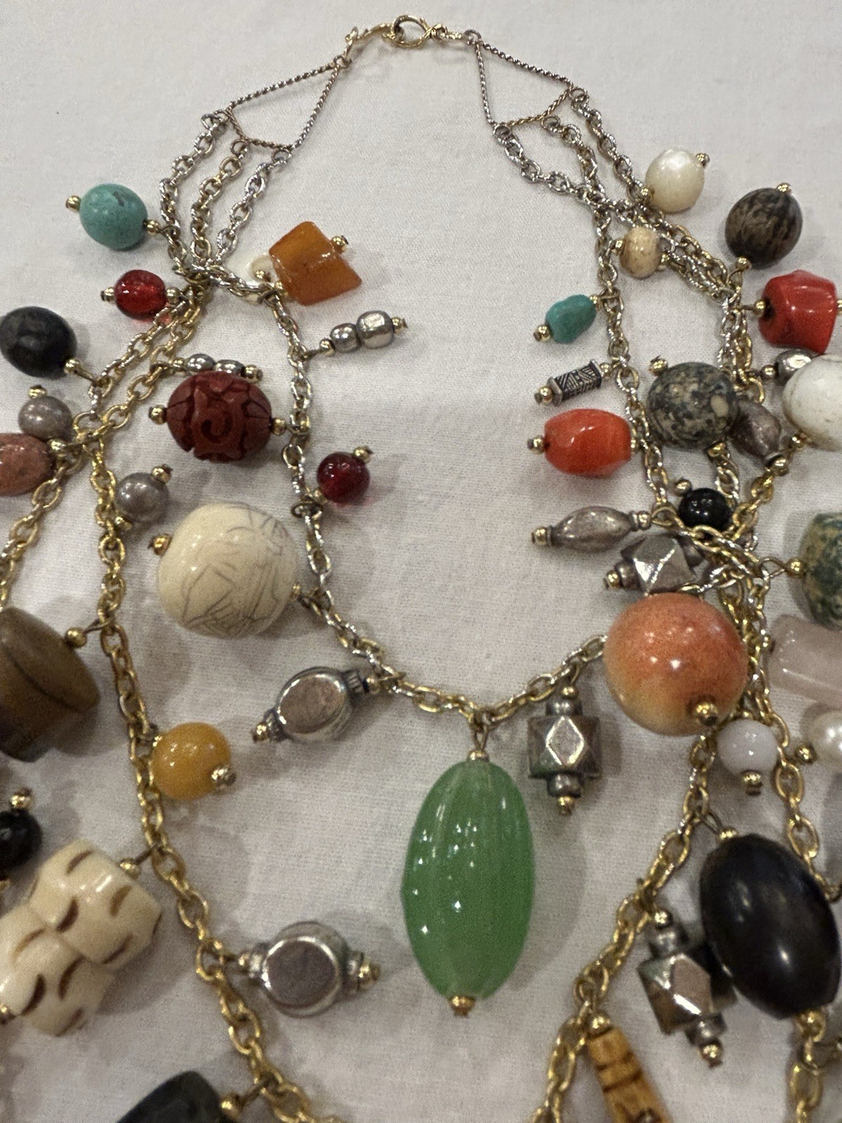 Vtg Asian-Themed Mixed Material 3-Strand Charm Necklace w/Carved Wood Buddha 28”