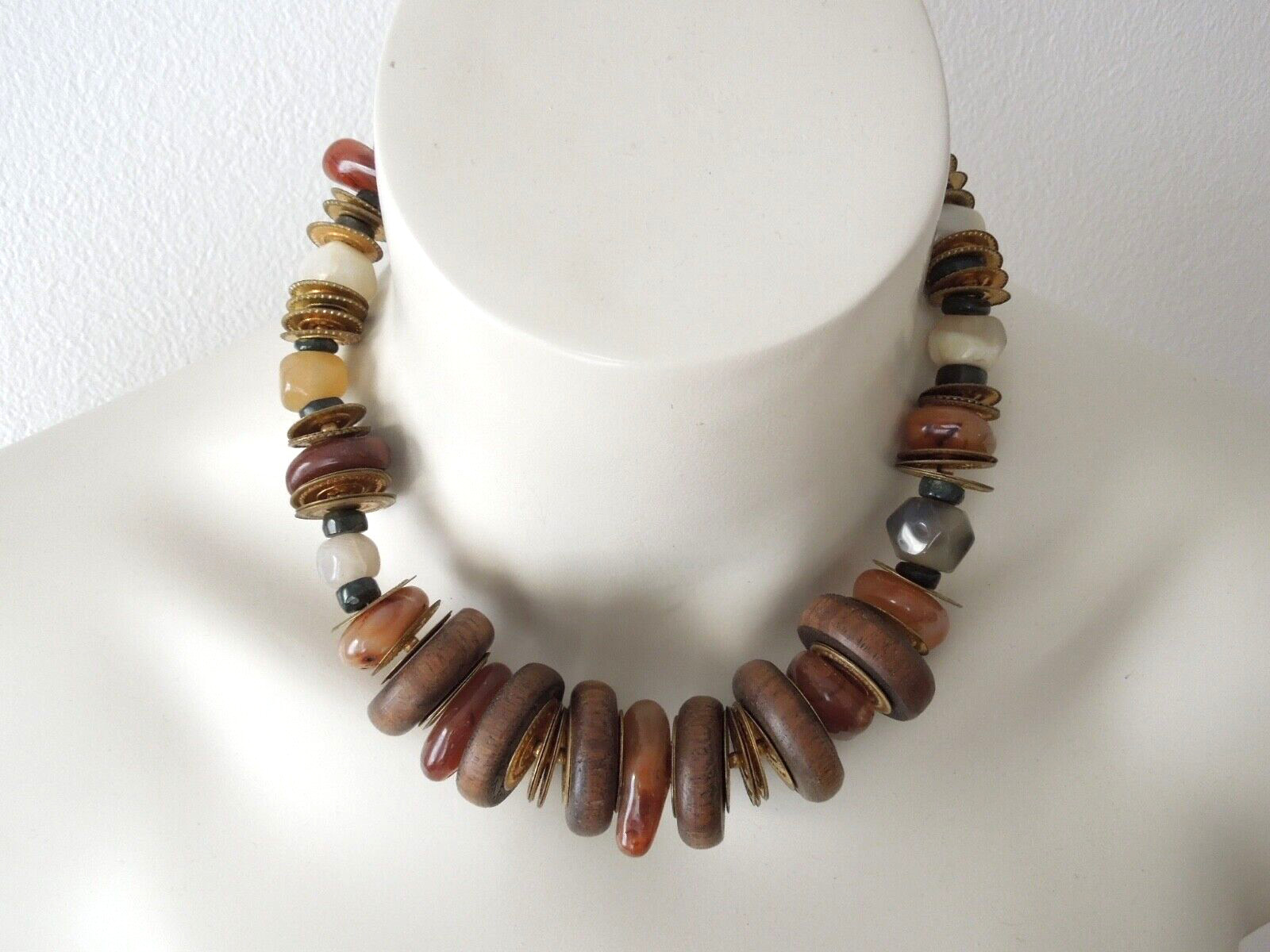 Necklace Collar Wood Metal Plate Agate Solid 168.4 G/46 Cm