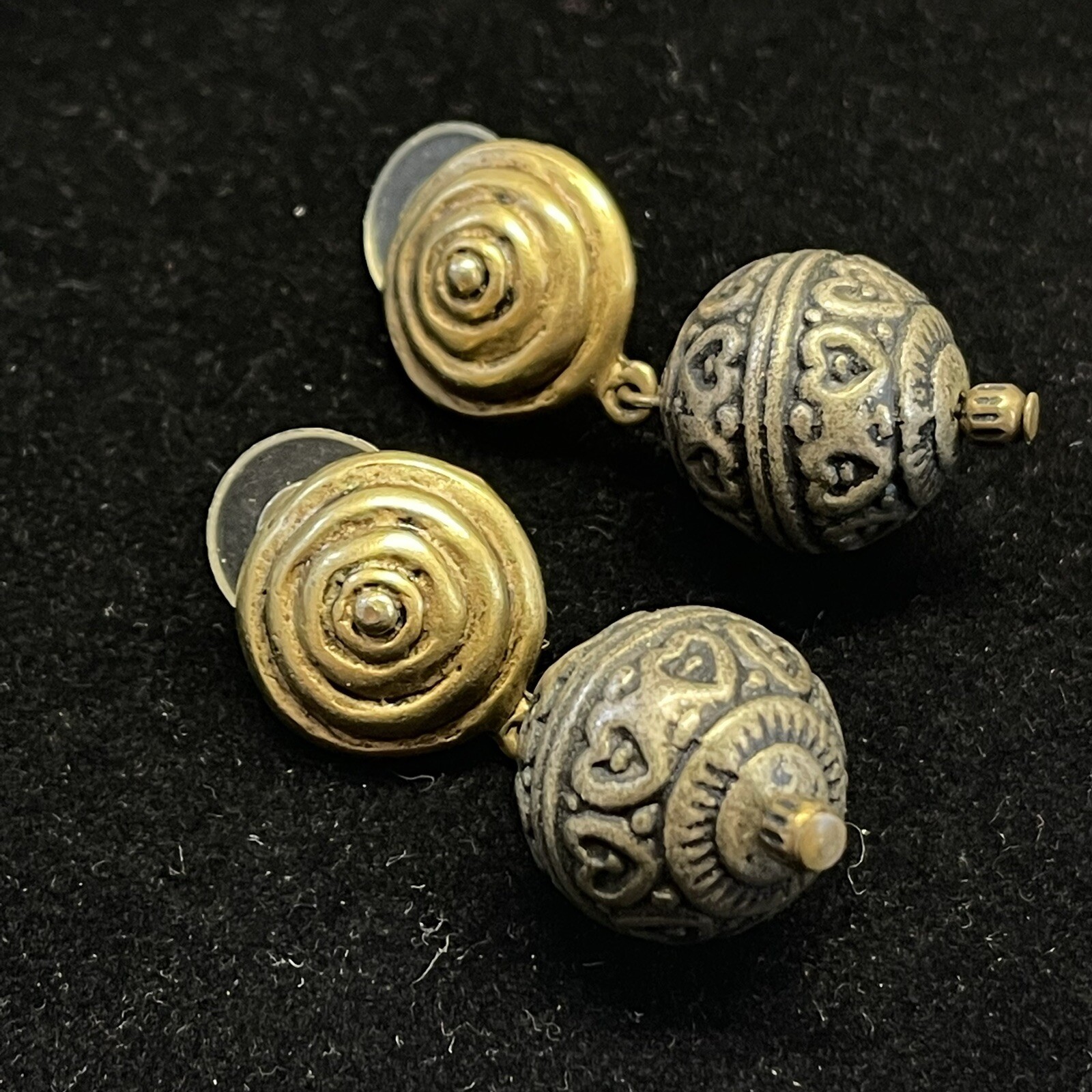 Vintage Gold Tone Swirl Silver Tone Heart Round Sphere Drop Pierced Earrings