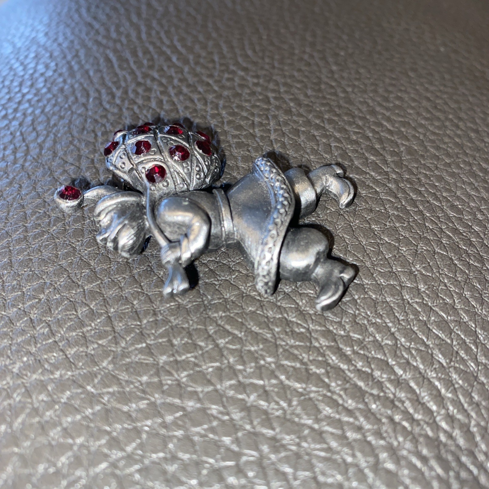 Vintage 1940’s Elf w/ Lattice Sack Brooch – Red Rhinestones Pewter Excellent