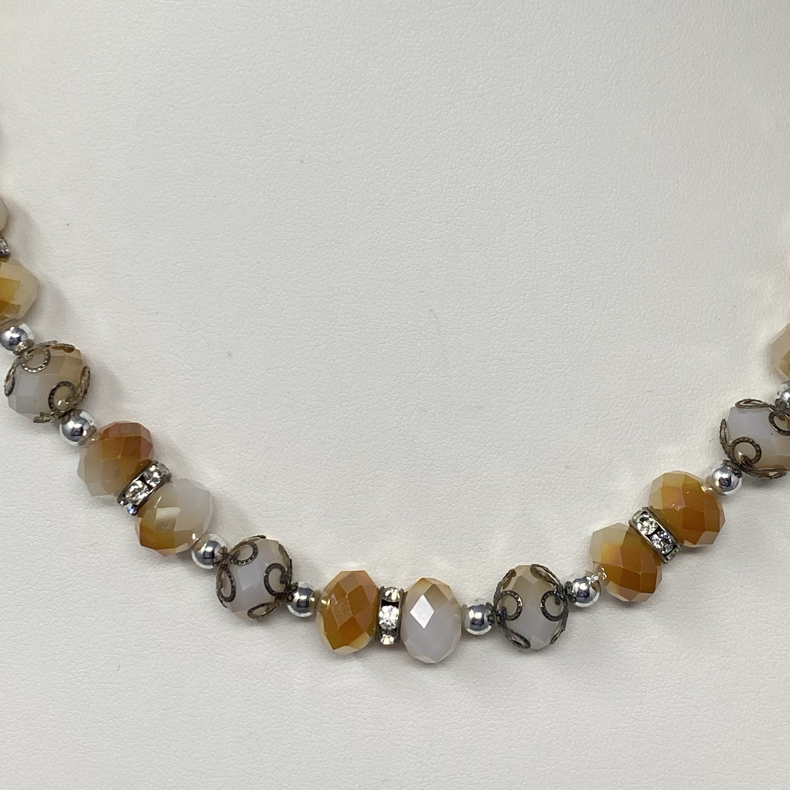 Glass Beaded Necklace White Orange Faceted Fire Polished Metal Caps Collar 21″